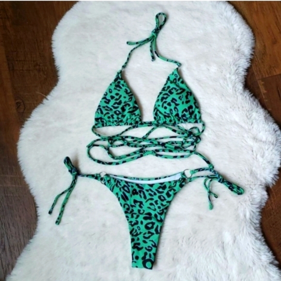 New Green Animal Print Wrap Around Strappy Cheeky Bikini Set Swimsuit Size L - Picture 5 of 6
